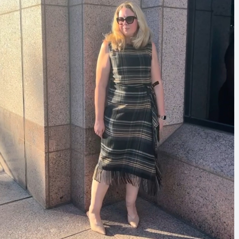 Antonio Melani Tula Plaid Print Wrap Front Fringe Hem Midi Dress.